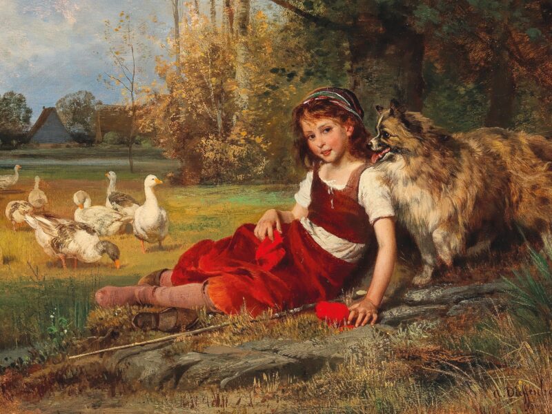 Обои Anton Heinrich Dieffenbach, German, A Young Goose Girl Resting на рабочий стол.